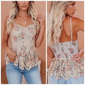 VICI Peplum Eyelet Lace with Floral Print Camisole